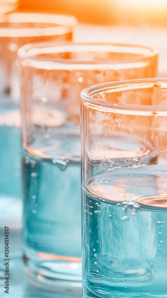 Multiple glasses filled with sparkling blue water are arranged on a table, reflecting sunlight and showing bubbles, creating a refreshing atmosphere Multiple glasses filled with sparkling blue water are arranged on a table, reflecting sunlight and showing bubbles, creating a refreshing atmosphere