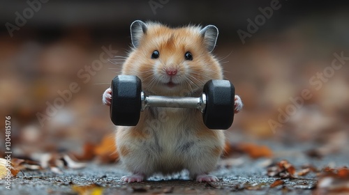 Tiny Titan: A tiny hamster with a determined gaze lifts a weighty dumbbell, defying expectations and showcasing the power of perseverance in this playful and captivating image.