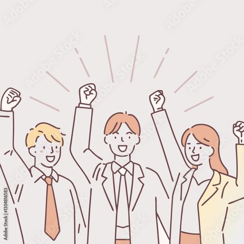 Looks like win. Team workers smiling and raising hands up. Hand drawn style vector design illustrations.
