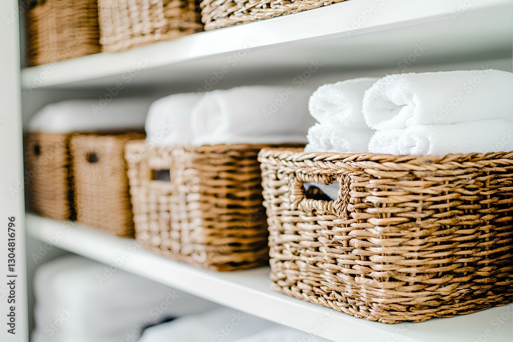 series of wicker baskets used for storage, neatly placed on white shelves in a minimalist bathroom