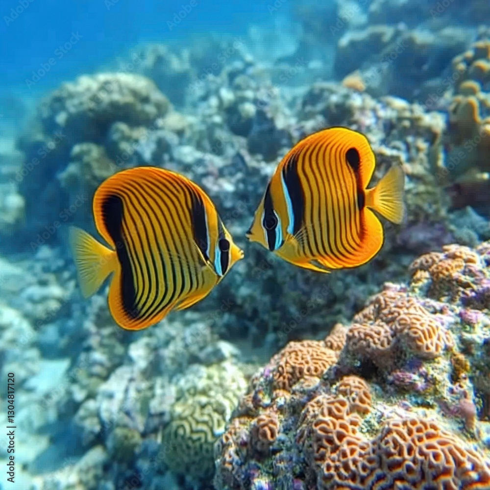 Striking pair of masked butterflyfish gracefully swimming amidst vibrant coral reef ecosystem underwater scene Striking pair of masked butterflyfish gracefully swimming amidst vibrant coral reef ecosystem underwater scene