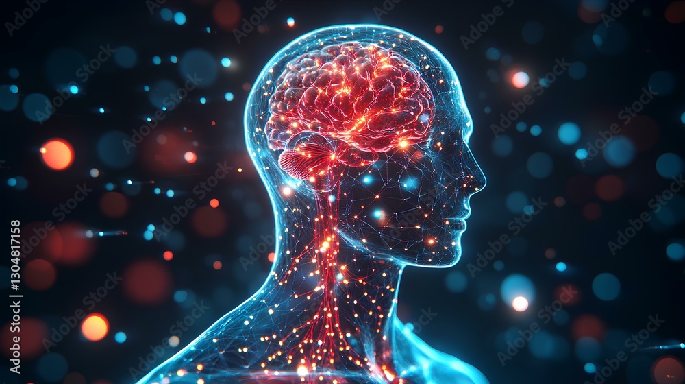 Transparent human figure with glowing central nervous system, stock image, ultrasharp, professional color grading, clear and minimalistic, solid background