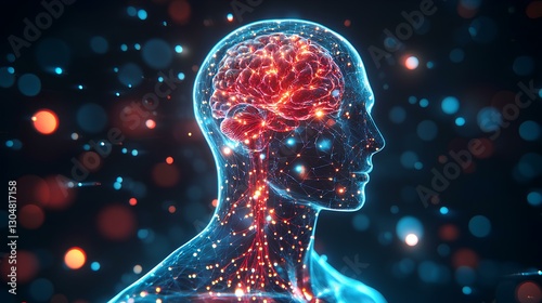 Obraz na płótnie Transparent human figure with glowing central nervous system, stock image, ultrasharp, professional color grading, clear and minimalistic, solid background w salonie