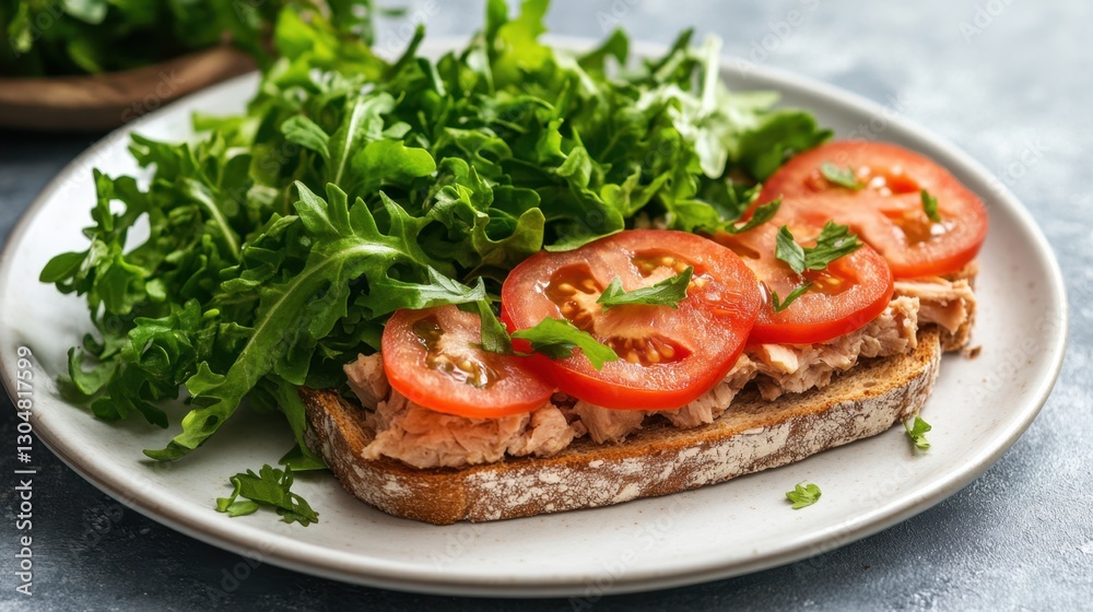 Tuna salad open sandwich with sliced tomato and fresh arugula on a plate against a textured background offering a healthy and tasty culinary option Tuna salad open sandwich with sliced tomato and fresh arugula on a plate against a textured background offering a healthy and tasty culinary option