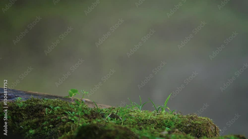 Small droplets of water is gathering on leaves of moss plants on rockw with backlit steam in the background. Small droplets of water is gathering on leaves of moss plants on rockw with backlit steam in the background.