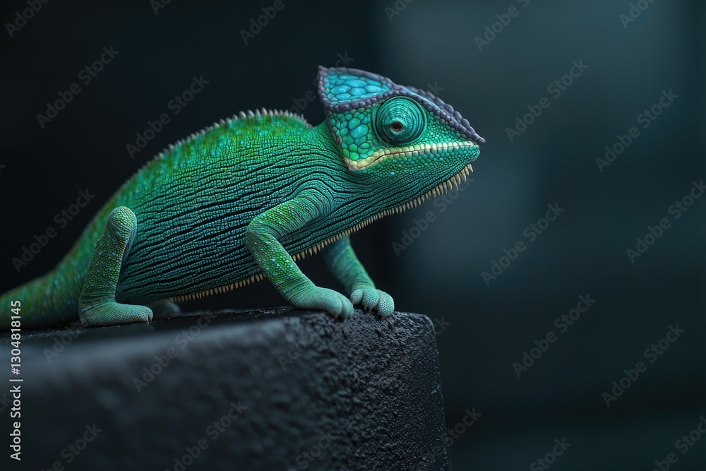 Fototapeta premium Colorful chameleon perched on dark surface, showcasing vibrant s