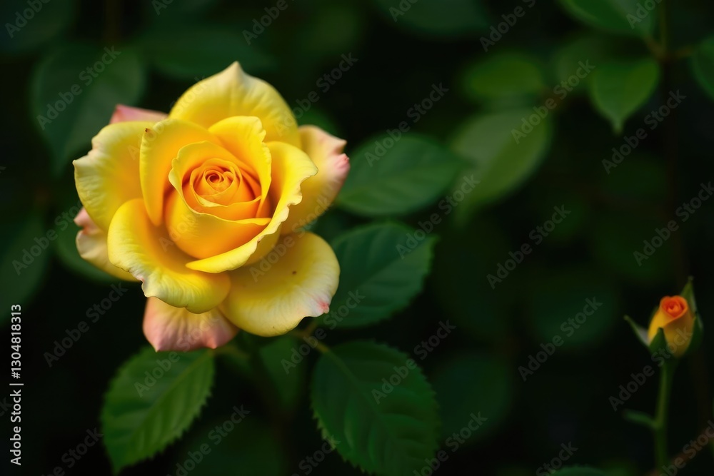Yellow rose with golden leaves against dark green foliage, florals, nature photography Yellow rose with golden leaves against dark green foliage, florals, nature photography