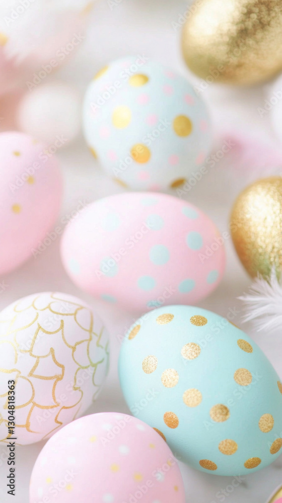 Easter eggs with pastel colors and polka dots on white background Easter eggs with pastel colors and polka dots on white background