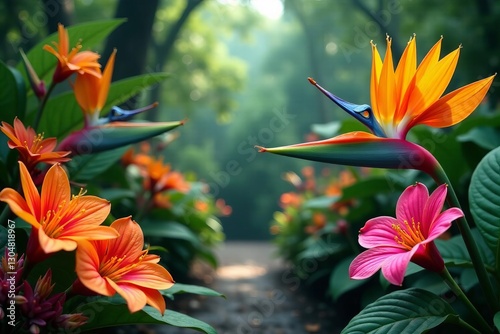 Colorful array of tropical flowers blooming in a botanical garden, nature, garden