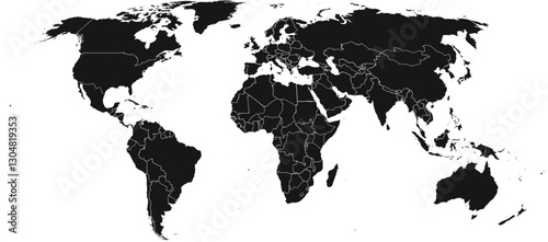 black and white vector illustration of the world, highlighting continents in a minimalist monochrome style. The image consists of 224 elements, ideal for abstract and educational use