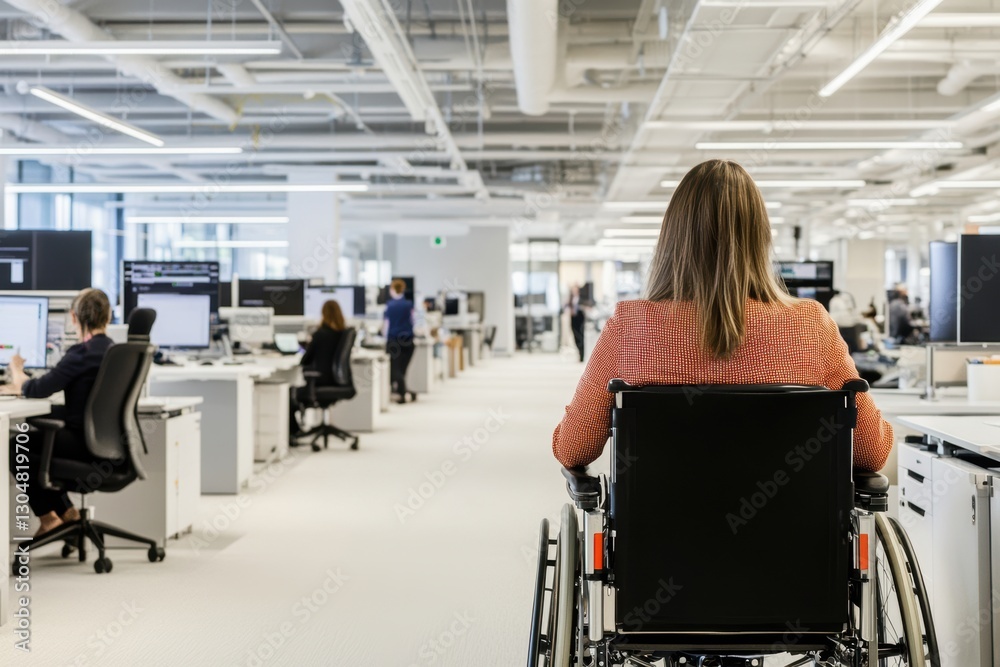 Accessibility and work in a corporation for people with disabilities, a person in a wheelchair in the office among colleagues