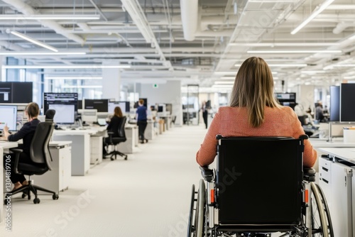 Obraz na płótnie Accessibility and work in a corporation for people with disabilities, a person in a wheelchair in the office among colleagues w salonie