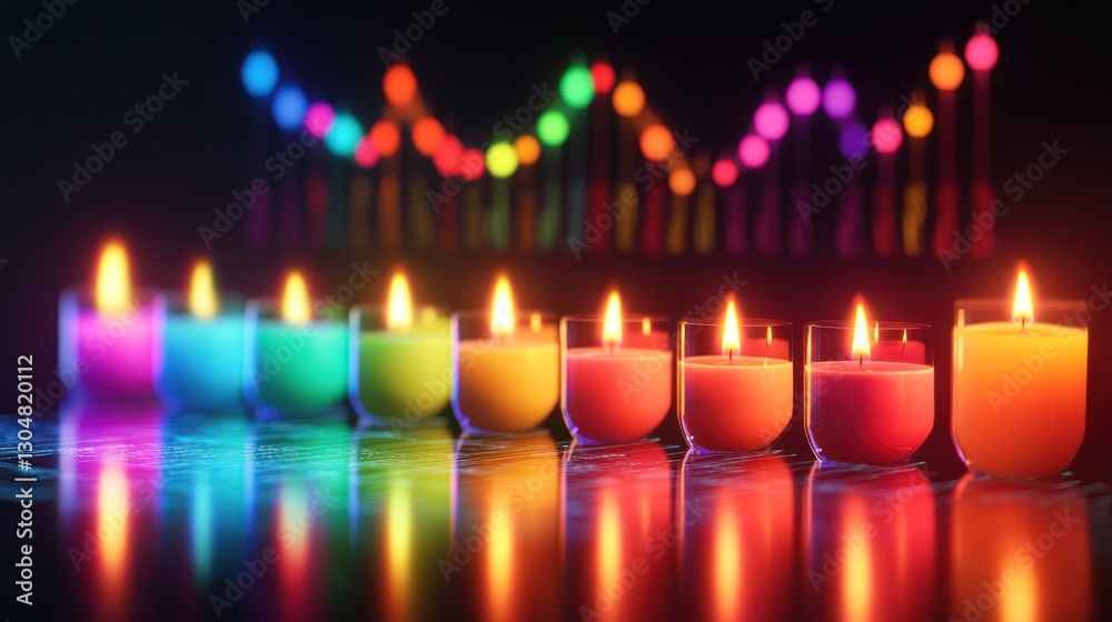 Colorful candles reflecting on a dark surface with abstract background; design element Colorful candles reflecting on a dark surface with abstract background; design element