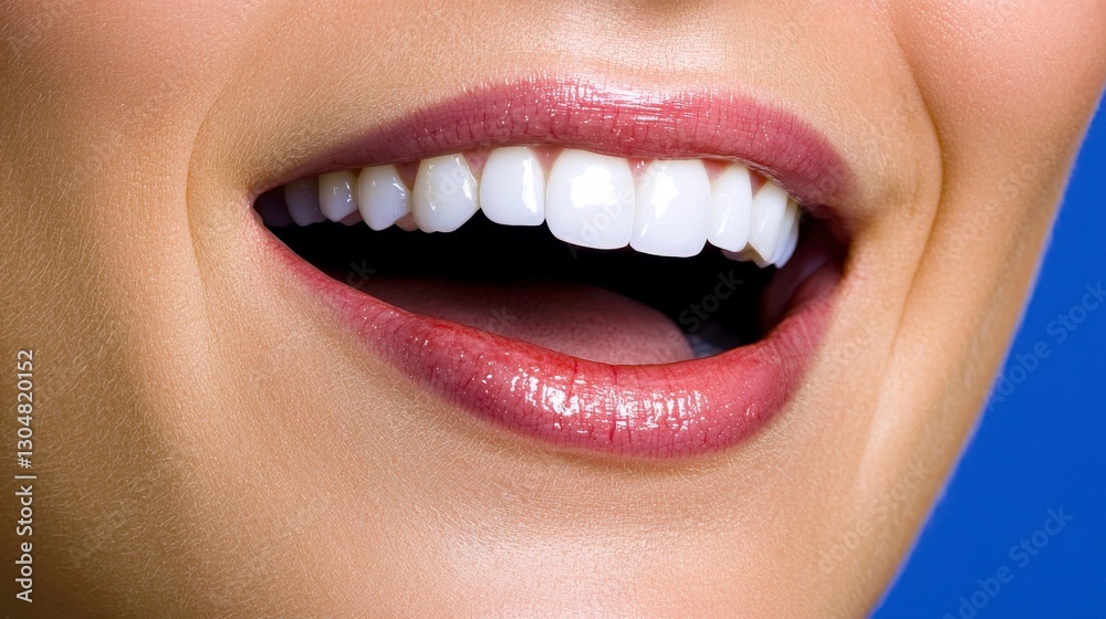 Fototapeta premium Close up of a Woman's Bright Smile Against a Blue Background