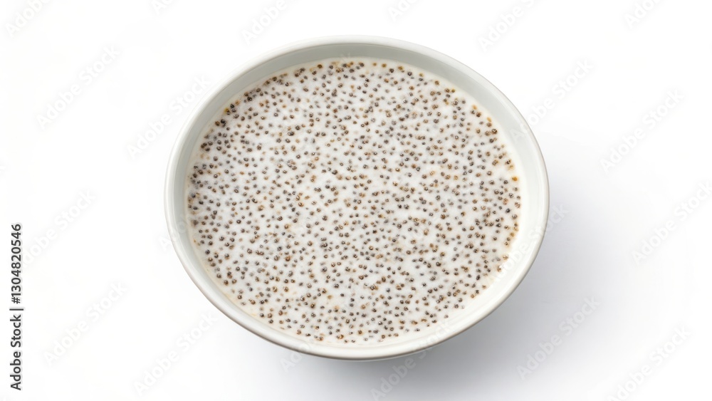 Creamy Chia Seed Pudding in White Bowl, Overhead View Creamy Chia Seed Pudding in White Bowl, Overhead View