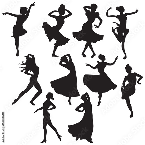 set vector various women dancing, Dancing, Group of people dancing silhouettes