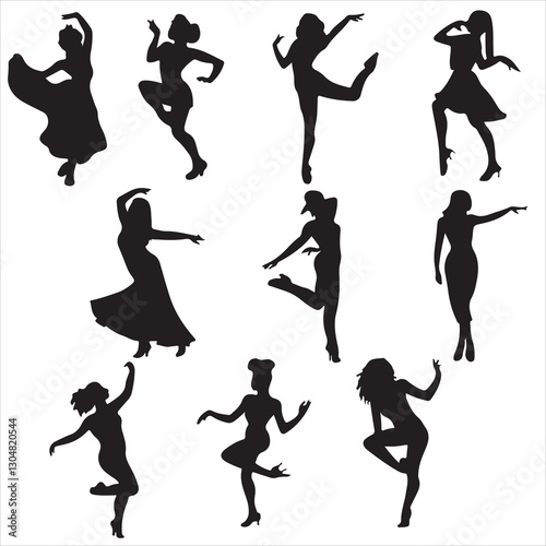 set vector various women dancing, Dancing, Group of people dancing silhouettes