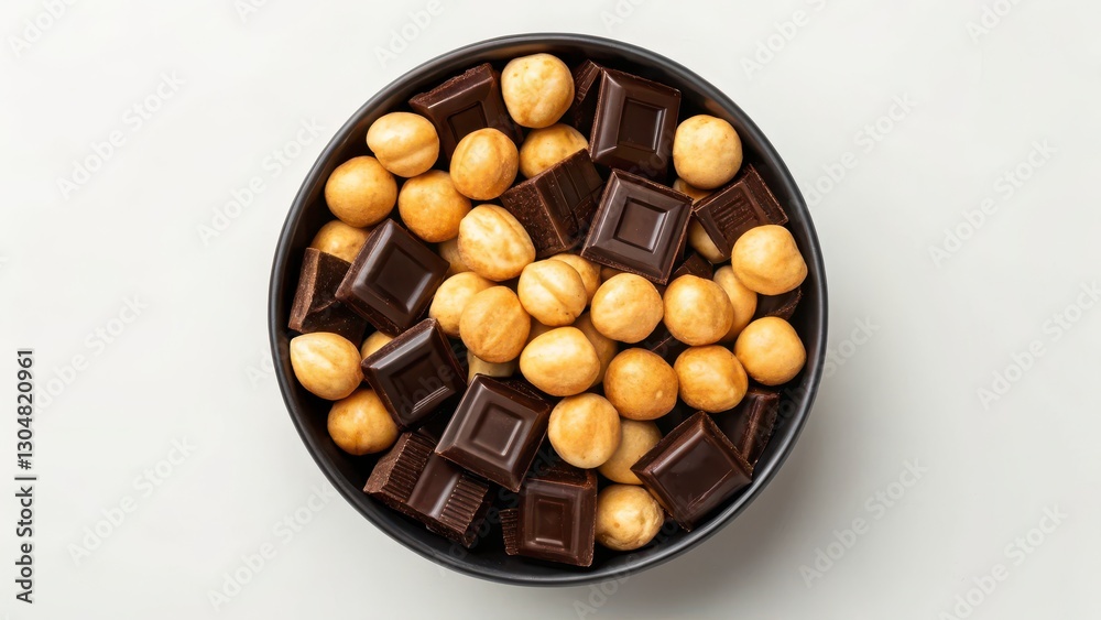 Dark Chocolate Pieces and Roasted Hazelnuts in a Bowl Dark Chocolate Pieces and Roasted Hazelnuts in a Bowl