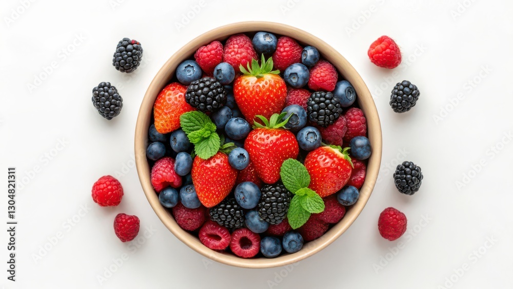 Fresh Berries in Bowl Overhead View of Red Blue Purple Fruits with Mint Garnish Fresh Berries in Bowl Overhead View of Red Blue Purple Fruits with Mint Garnish