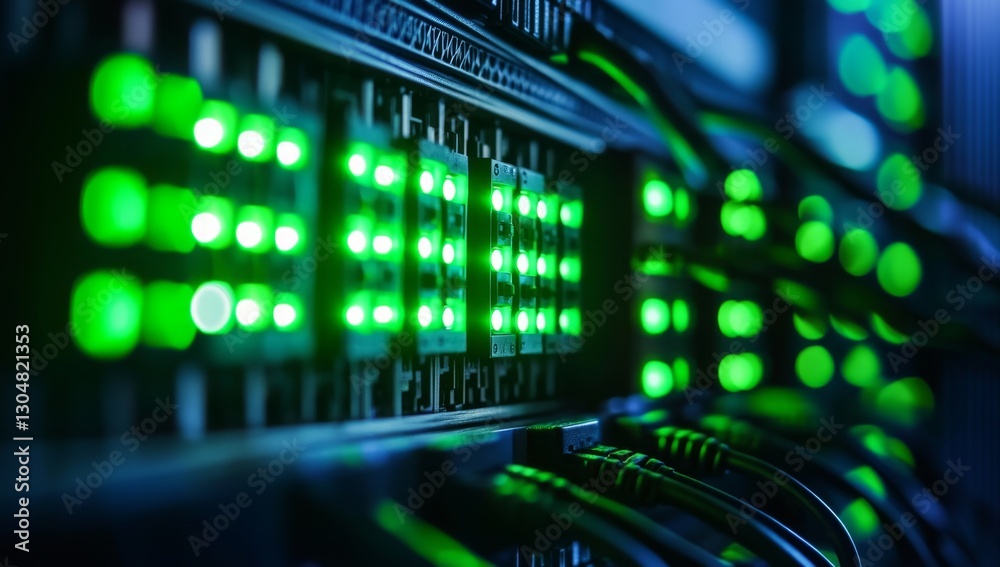 Server rack glowing green lights Server rack glowing green lights