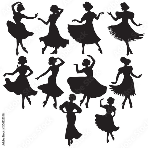 set vector various women dancing, Dancing, Group of people dancing silhouettes