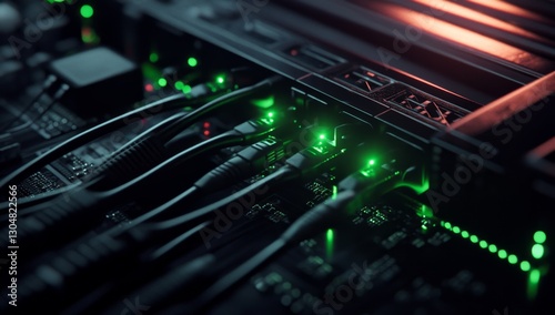 Server rack cables glowing green light