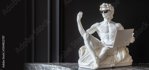 Management corses, e-learning, business training, webinar, online courses, distance education creative concept. David statue wearing sunglasses using laptop. Leader, manager, coaching, wi-fi provider