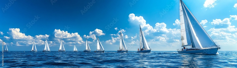 Naklejka premium Vibrant blue ocean with a fleet of sailboats racing, white sails catching the wind, summer day, fluffy clouds in the sky, competition on high seas