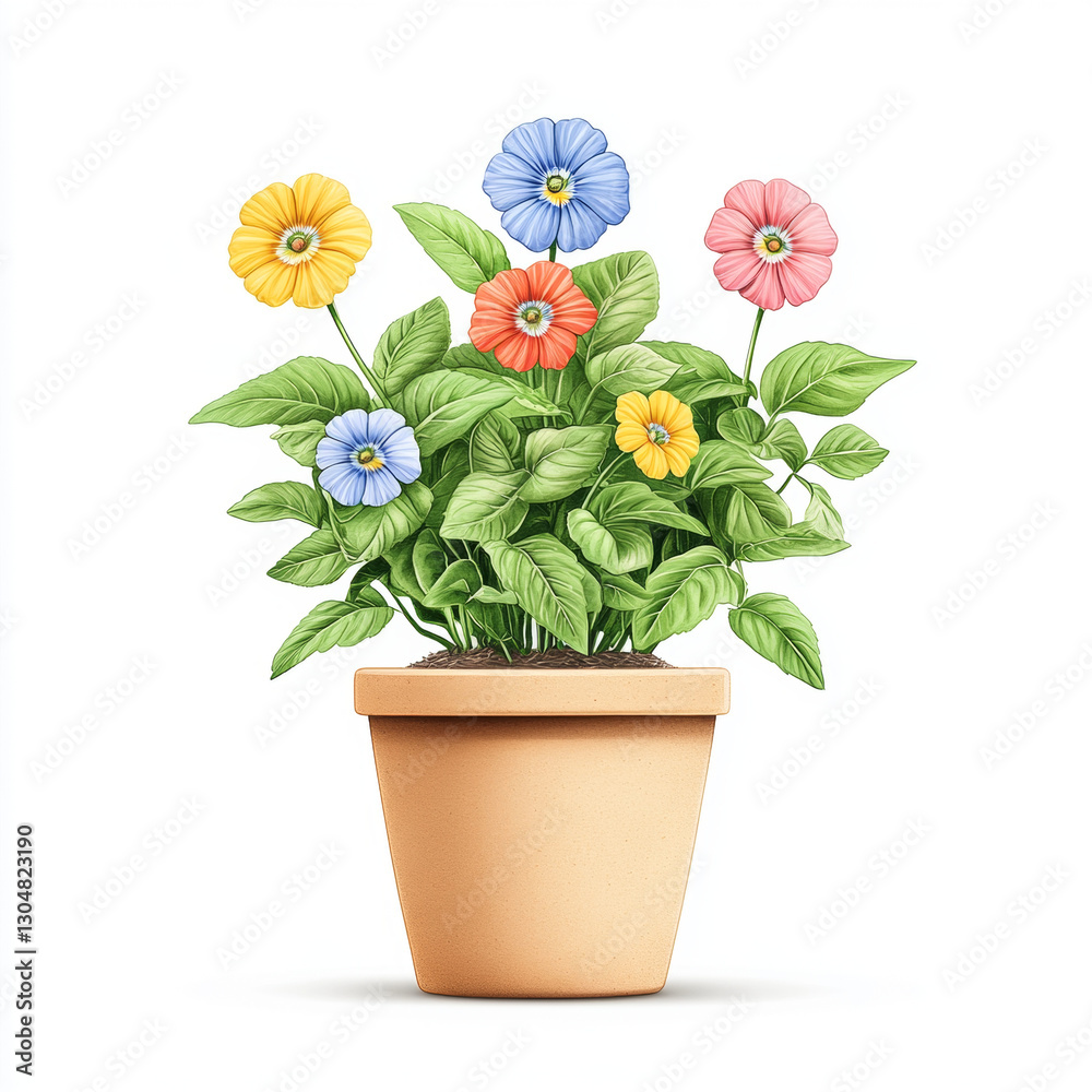 Obraz premium vibrant illustration of colorful flowers in terracotta pot with lush green leaves