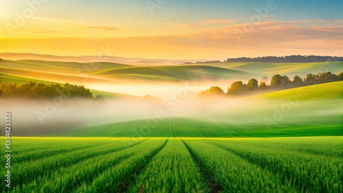 Misty Sunrise over Rolling Green Hills and Distant Cityscape