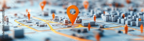 Wallpaper Mural City model illustration with geolocation markers in central area, small figures representing people, focus on geotargeting and personalized marketing Torontodigital.ca