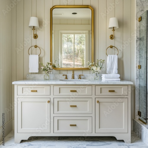 Elegant Bathroom Vanity with Gold Accents and Marble Countertop, Bathed in Soft Natural Light