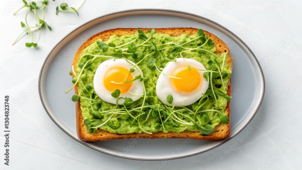 Overhead View of Avocado Toast with Poached Eggs and Microgreens Overhead View of Avocado Toast with Poached Eggs and Microgreens