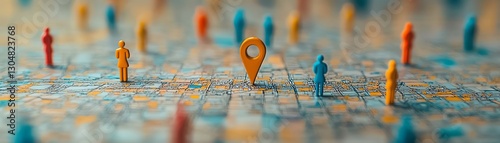 City model with location markers in the central area, small figures symbolizing people, geotargeting concept, modern approach to locationbased marketing photo