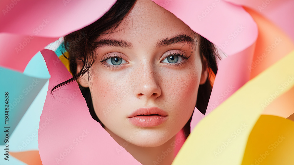 Fototapeta premium Close-up portrait of a young woman surrounded by colorful paper cutouts, highlighting youth, beauty, creativity, and vibrant colors.