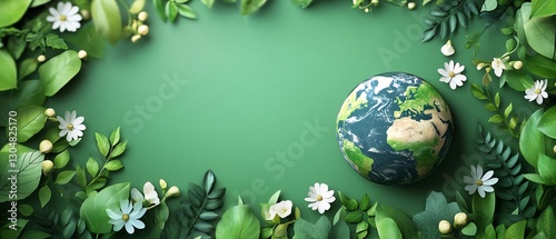Minimalistic earth globe surrounded by green leaves and small white flowers, ecofriendly illustration, nature background, promoting sustainable growth and ecology photo