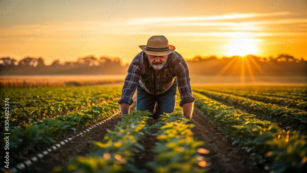 Fototapeta premium Senior Farmer Examining Young Plants at Sunrise in a Field