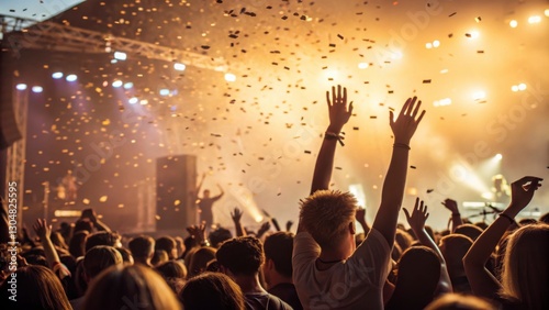 Silhouetted Crowd at Outdoor Music Concert with Confetti and Golden Lighting