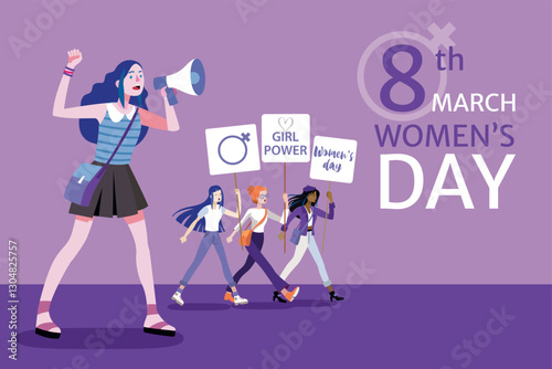  Feminist women protesting for their rights on women's day, holding megaphone