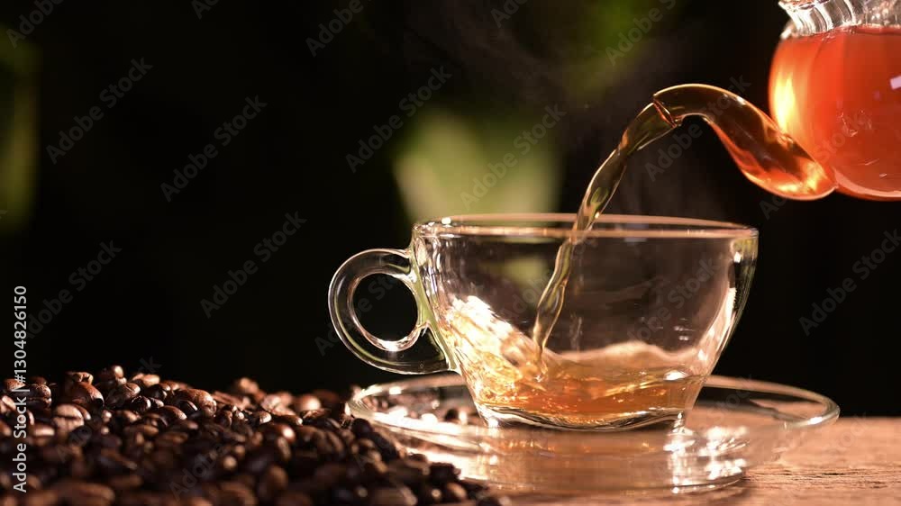 Pouring freshly brewed herbal tea into a glass cup surrounded by coffee beans in a cozy environment captured from a close-up view for a relaxing concept