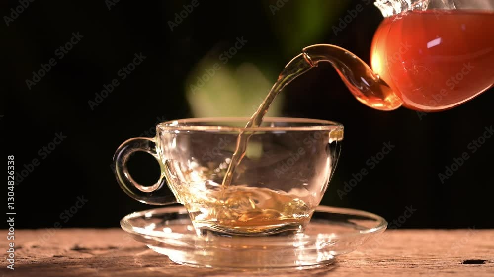 Pouring hot tea into a clear glass cup cozy kitchen setting beverage warm atmosphere close-up view comfort and relaxation concept