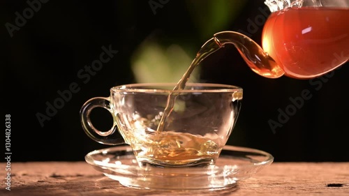 Pouring hot tea into a clear glass cup cozy kitchen setting beverage warm atmosphere close-up view comfort and relaxation concept