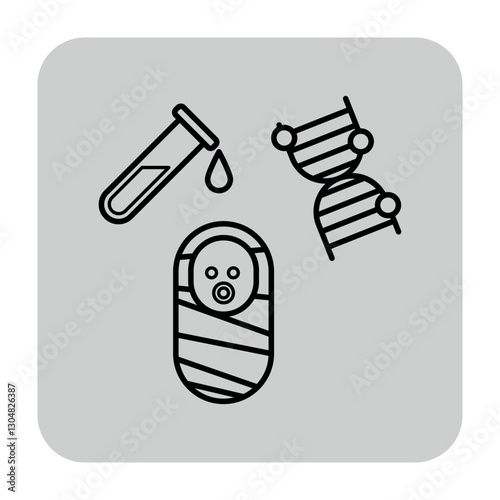 Icon of genetic research and newborn care, including test tube, DNA strand, and swaddled infant. Health and biology concept
