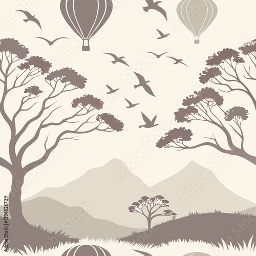 Delicate watercolor pattern with dreamlike landscapes and floating figures rendered in muted pastels and hazy grays. Birds in flight and distant mountains add a sense of depth and tranquility against