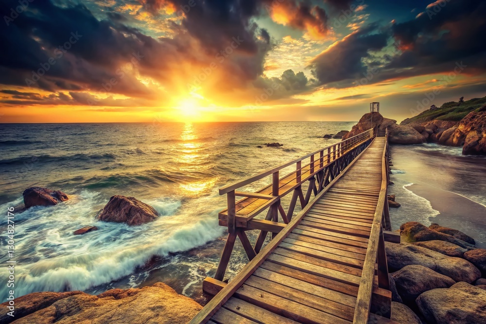 Fototapeta premium Vintage Sunrise over Barcelona Coastline: Wooden Bridge & Rocky Seascape
