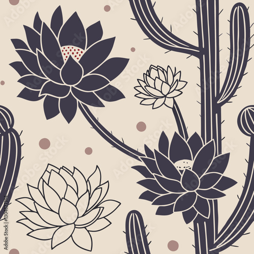 This mesmerizing floral pattern offers a unique and evocative interpretation of desert flora. Stylized cacti and blooming succulents create a sophisticated and visually stimulating design.