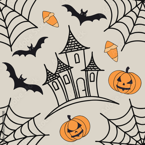 Eerie Halloween pattern with spooky pumpkins and bats rendered in burnt orange and midnight black. Spider webs and candy corn add a touch of spooky charm against the haunted house gray background. photo