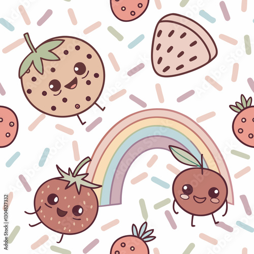 Sweet kawaii pattern with food characters rendered in pastel rainbow colors, featuring cute faces and tiny limbs. Winking cookies and smiling fruits add a touch of whimsy against the sprinkle-covered