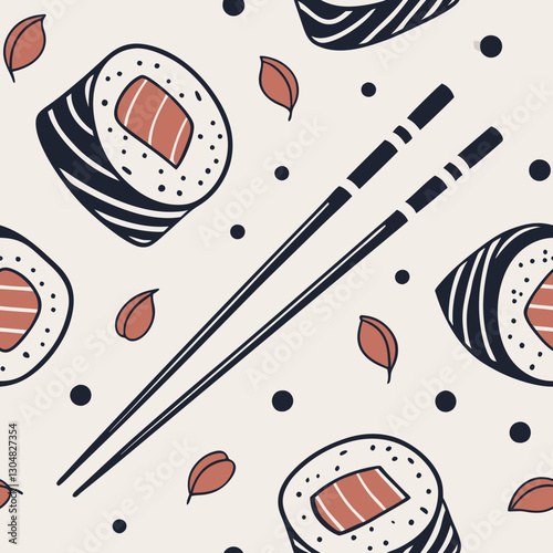 This mesmerizing food pattern offers a unique and evocative interpretation of Japanese cuisine. Stylized sushi rolls and chopsticks create a sophisticated and visually stimulating design.