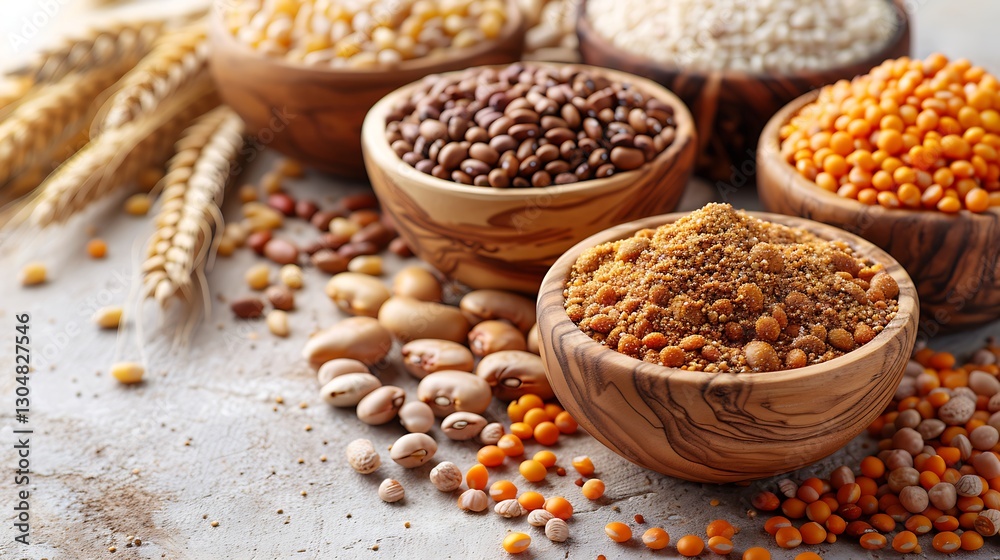 Close-Up of Organic Grains, Lentils, and Beans in Wooden Bowls. Rustic Display of Assorted Pulses, Cereals, and Seeds on a Stone Surface. Natural Food Ingredients – Millet, Wheat, Legumes, and Nuts Close-Up of Organic Grains, Lentils, and Beans in Wooden Bowls. Rustic Display of Assorted Pulses, Cereals, and Seeds on a Stone Surface. Natural Food Ingredients – Millet, Wheat, Legumes, and Nuts